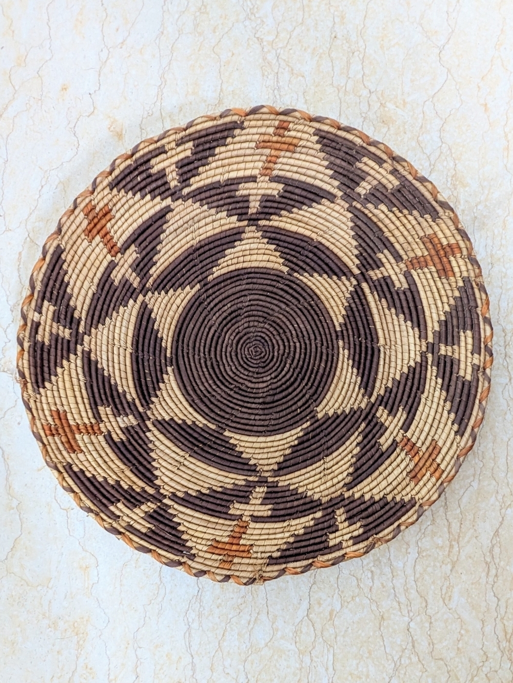 Vintage Tohono O'odham Flat Hand Woven Round Basket Tray Mid Century